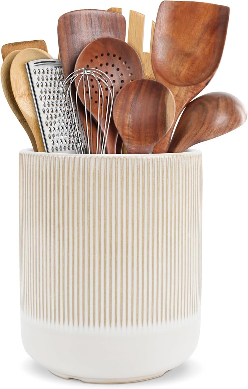 RedCall Kitchen Utensils Holder Large,Ceramic Utensil Organizer for Countertop,Morden Utensil Crock for Spoon Spatula,Home Kitchen Decor (Light Coffee) - Image 1